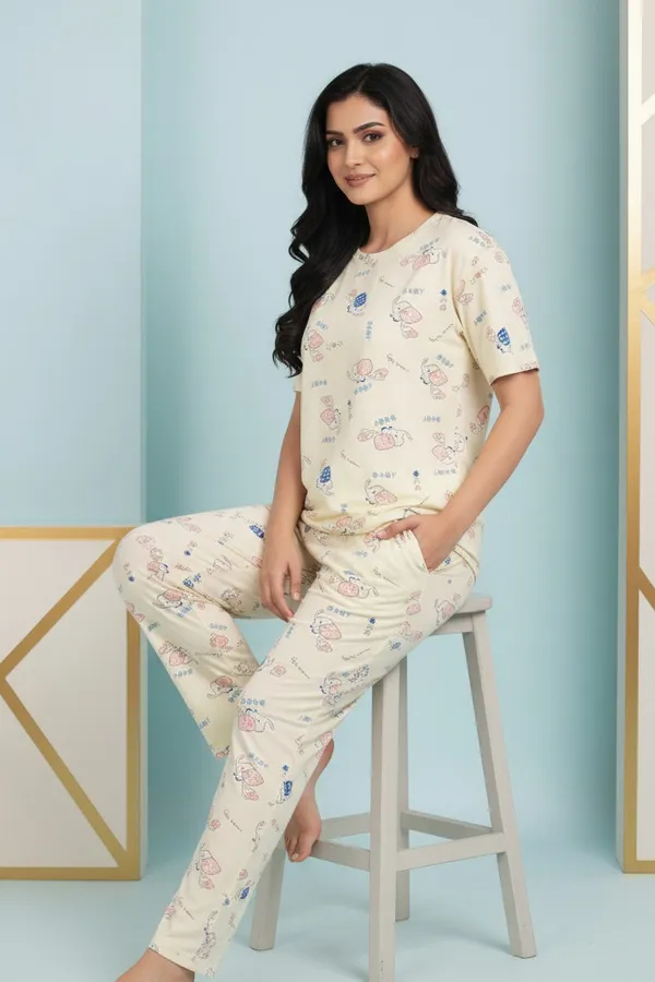 Light_Yellow_Cotton_Short_Sleeve_Top_And_Full_Pajama_Night_Suit_For_Women