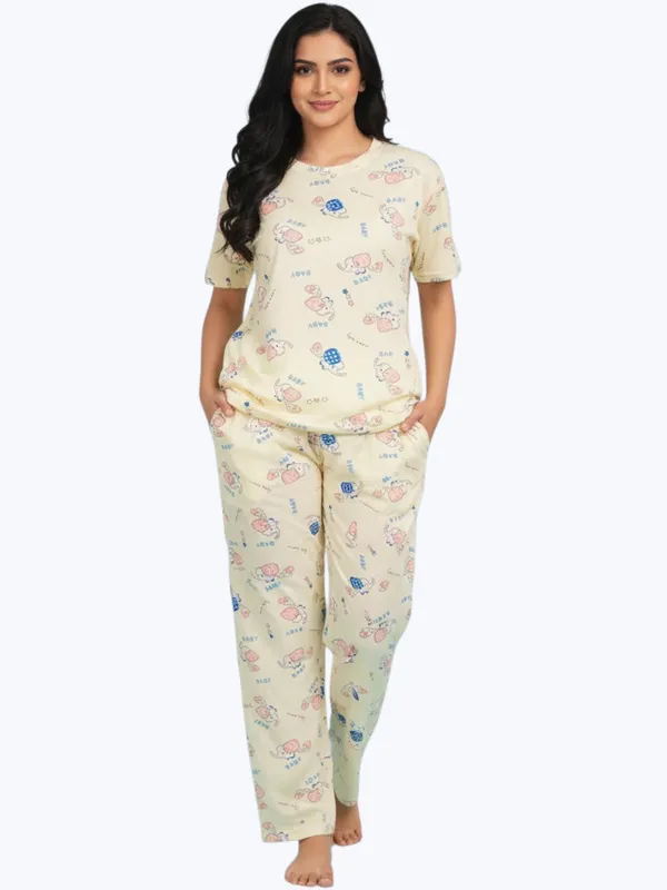 Light_Yellow_Cotton_Short_Sleeve_Top_And_Full_Pajama_Night_Suit_For_Women