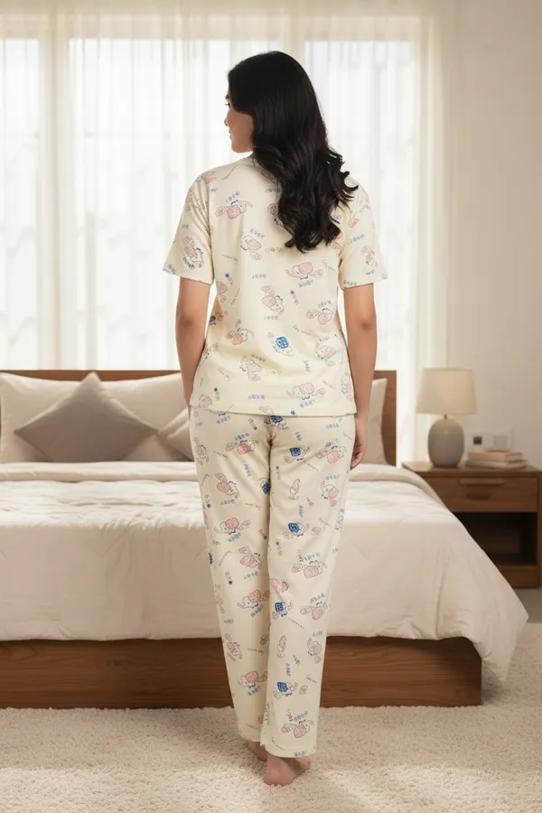 Light_Yellow_Cotton_Short_Sleeve_Top_And_Full_Pajama_Night_Suit_For_Women