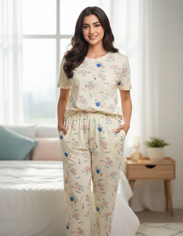 Light_Yellow_Cotton_Short_Sleeve_Top_And_Full_Pajama_Night_Suit_For_Women