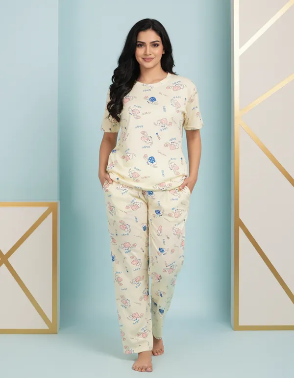 Light_Yellow_Cotton_Short_Sleeve_Top_And_Full_Pajama_Night_Suit_For_Women