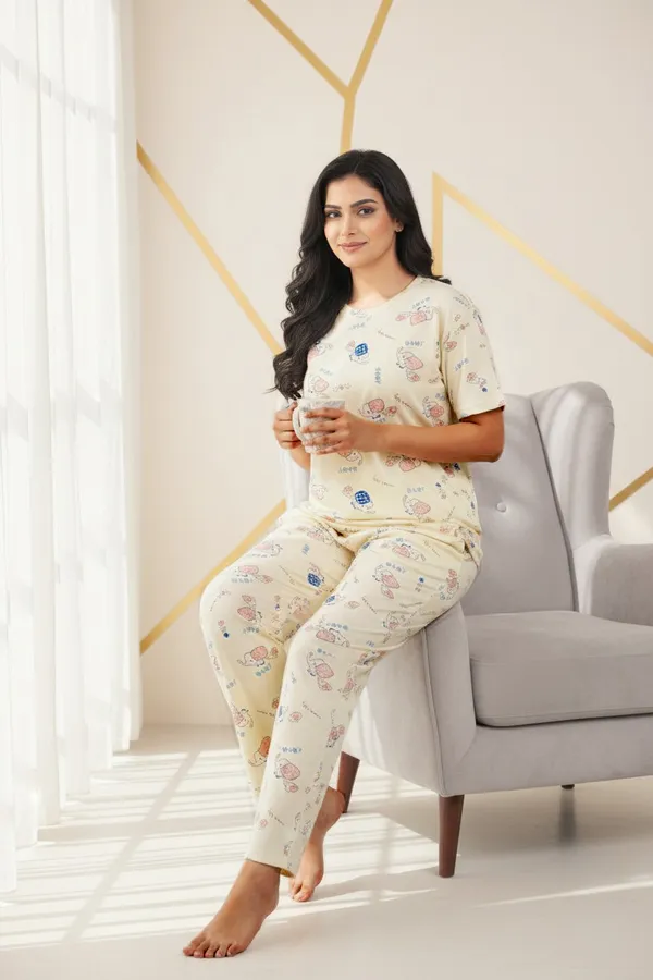 Light_Yellow_Cotton_Short_Sleeve_Top_And_Full_Pajama_Night_Suit_For_Women