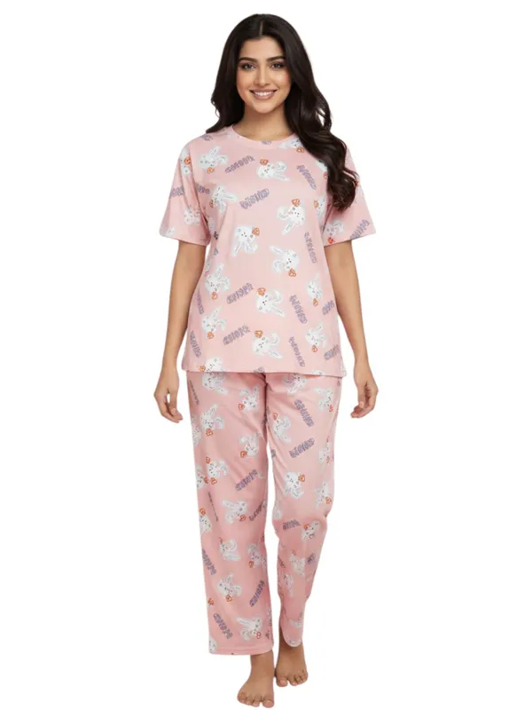 Pink_Cotton_Short_Sleeve_Top_And_Full_Pajama_Night_Suit_For_Women