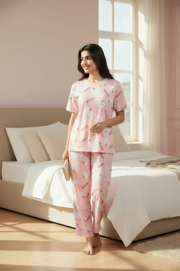 Pink_Cotton_Short_Sleeve_Top_And_Full_Pajama_Night_Suit_For_Women