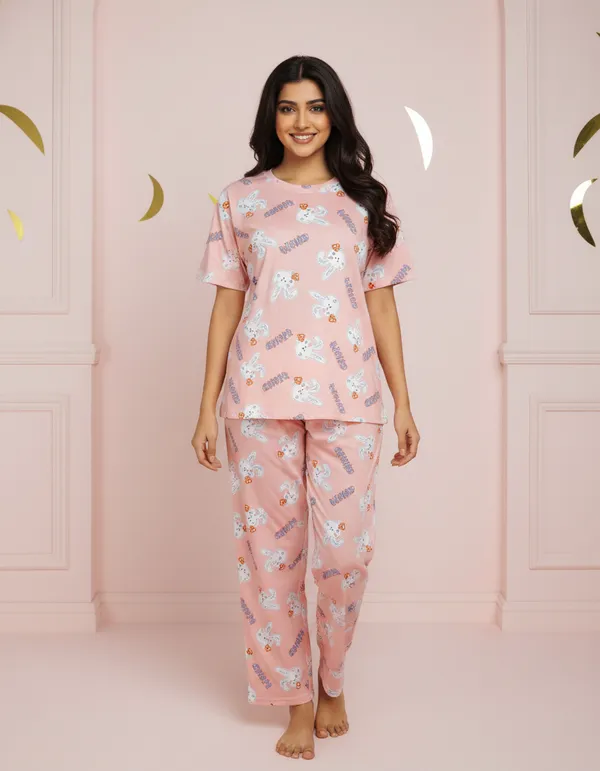 Pink_Cotton_Short_Sleeve_Top_And_Full_Pajama_Night_Suit_For_Women