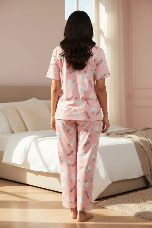 Pink_Cotton_Short_Sleeve_Top_And_Full_Pajama_Night_Suit_For_Women