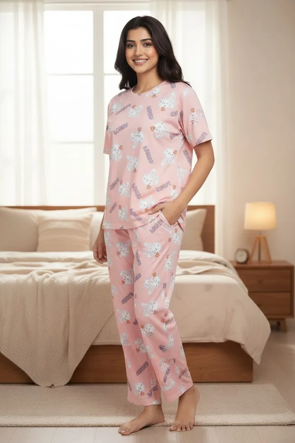 Pink_Cotton_Short_Sleeve_Top_And_Full_Pajama_Night_Suit_For_Women