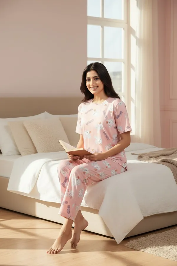 Pink_Cotton_Short_Sleeve_Top_And_Full_Pajama_Night_Suit_For_Women
