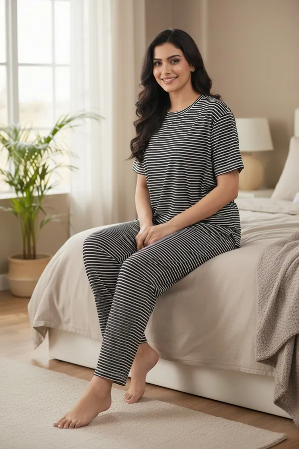Grey_Cotton_Short_Sleeve_Top_And_Full_Pajama_Night_Suit_For_Women