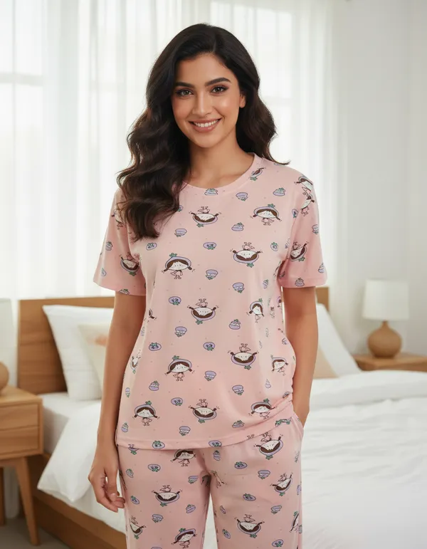 Pink_Cotton_Short_Sleeve_Top_And_Full_Pajama_Night_Suit_For_Women