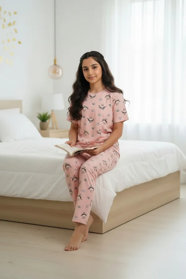 Pink_Cotton_Short_Sleeve_Top_And_Full_Pajama_Night_Suit_For_Women