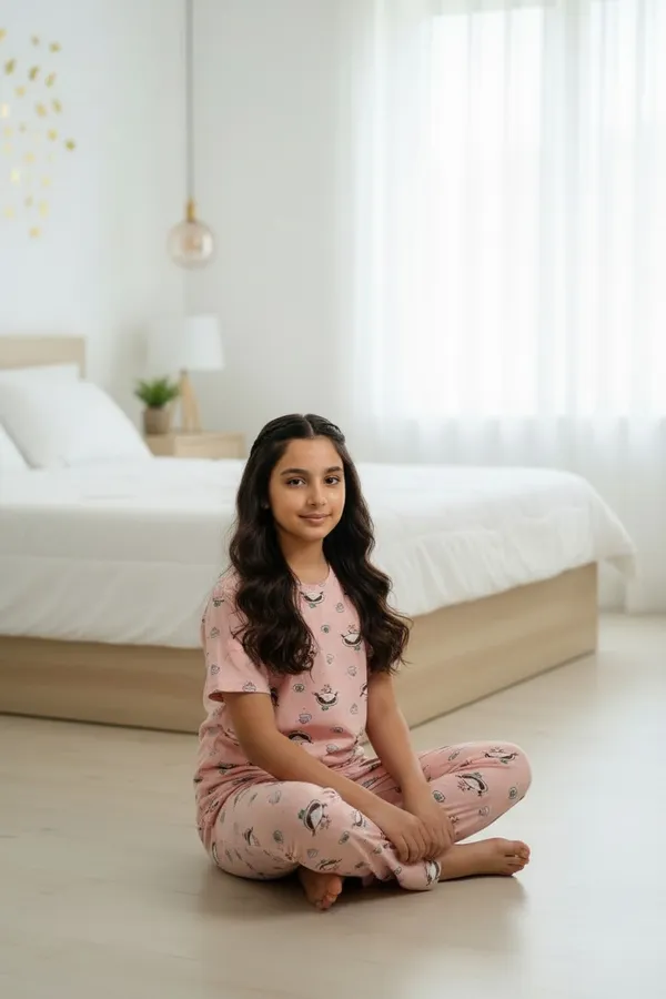 Pink_Cotton_Short_Sleeve_Top_And_Full_Pajama_Night_Suit_For_Women