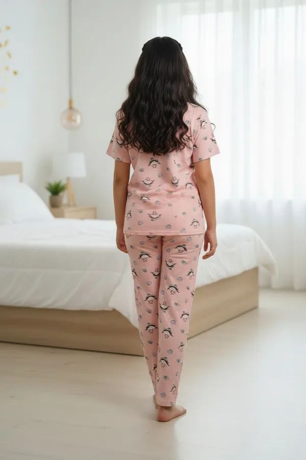 Pink_Cotton_Short_Sleeve_Top_And_Full_Pajama_Night_Suit_For_Women