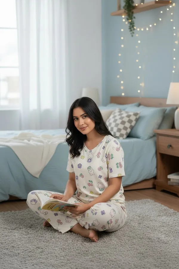 White_Cotton_Short_Sleeve_Night_Suit_Set_For_Women