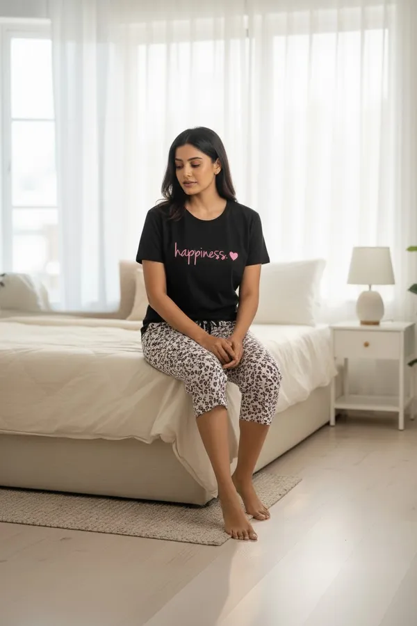 Black_Cotton_Knit_Short_Sleeve_Top_And_Capri_Pajama_Night_Suit_For_Women