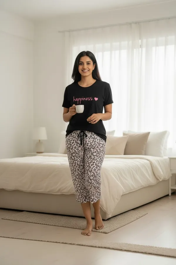 Black_Cotton_Knit_Short_Sleeve_Top_And_Capri_Pajama_Night_Suit_For_Women