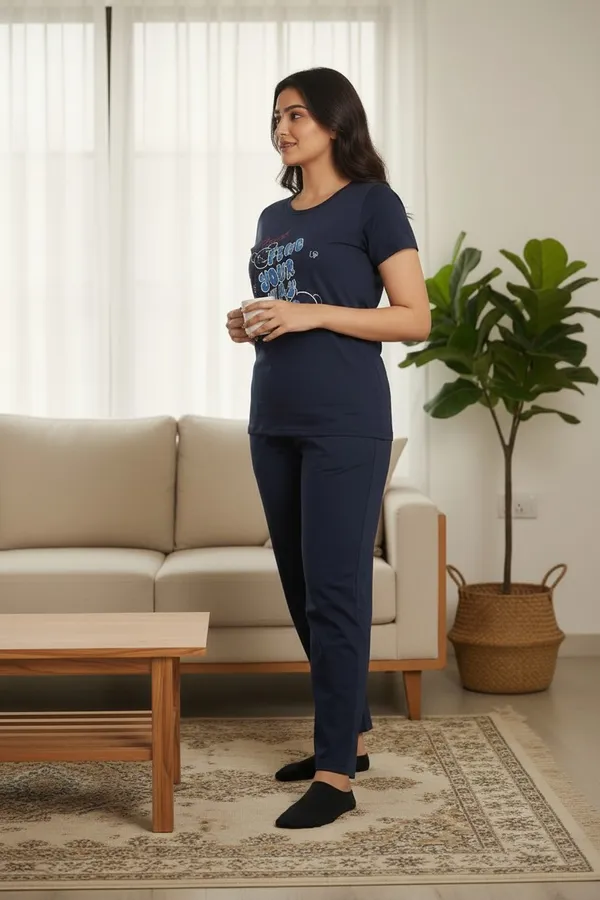 Black_Cotton_Knit_Short_Sleeve_Long_Top_And_Pajama_Night_Suit_For_Women