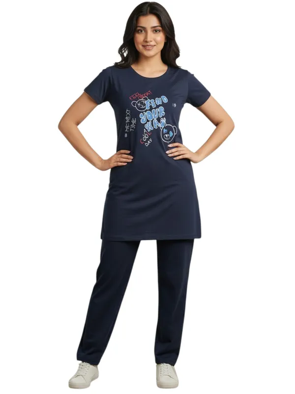 Black_Cotton_Knit_Short_Sleeve_Long_Top_And_Pajama_Night_Suit_For_Women