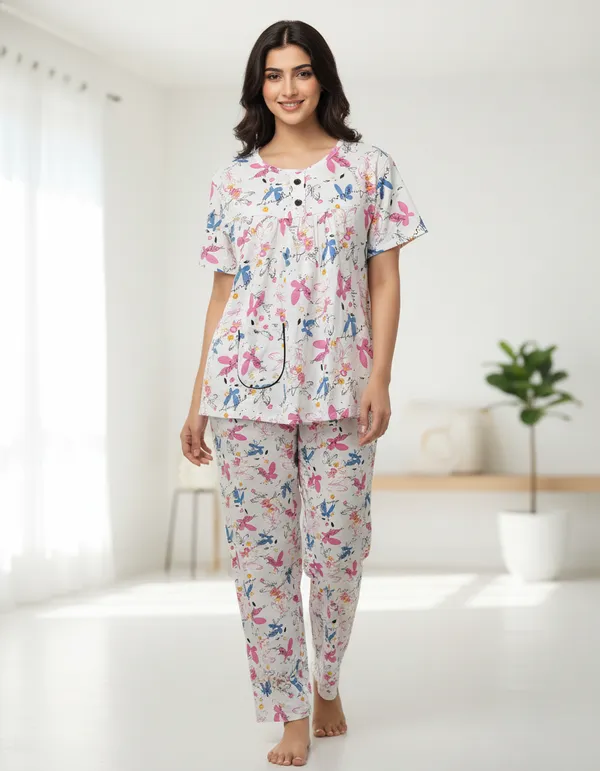 White_Cotton_Short_Sleeve_Top_And_Full_Pajama_Night_Suit_For_Women