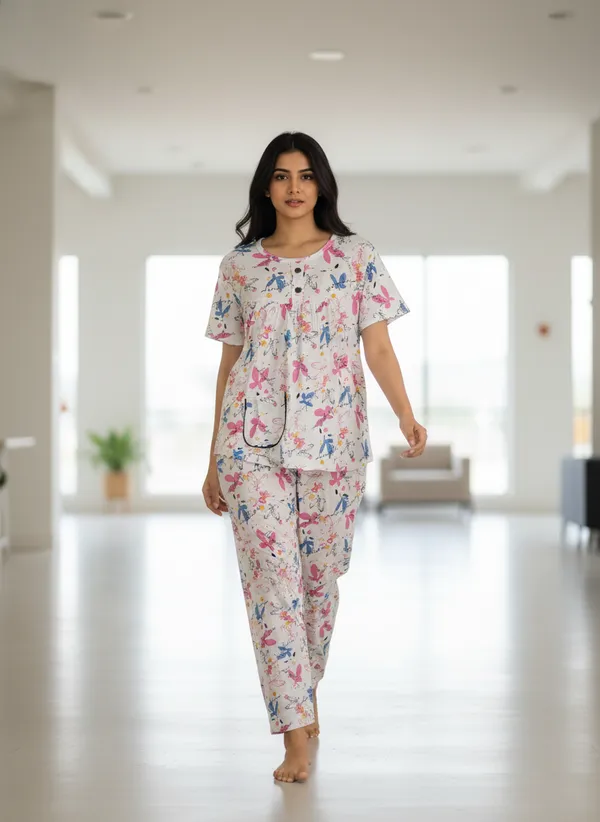 White_Cotton_Short_Sleeve_Top_And_Full_Pajama_Night_Suit_For_Women