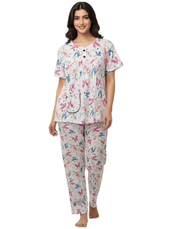 White_Cotton_Short_Sleeve_Top_And_Full_Pajama_Night_Suit_For_Women