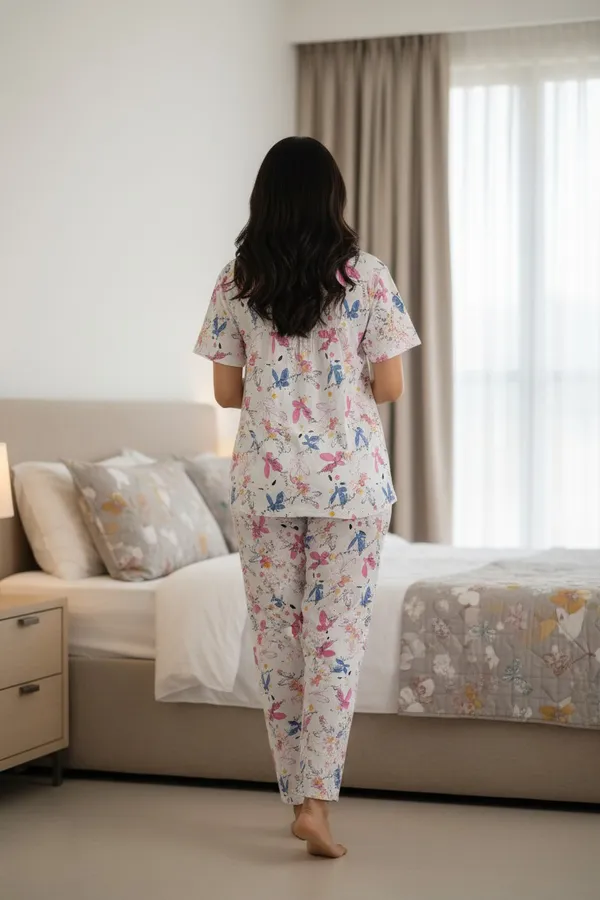 White_Cotton_Short_Sleeve_Top_And_Full_Pajama_Night_Suit_For_Women
