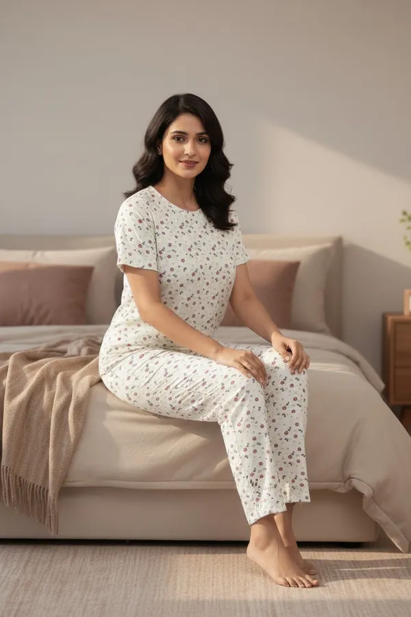 White_Cotton_Short_Sleeve_Top_And_Full_Pajama_Night_Suit_For_Women
