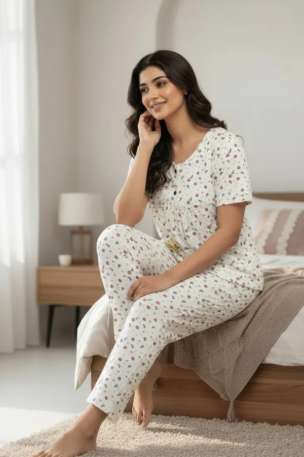 White_Cotton_Short_Sleeve_Top_And_Full_Pajama_Night_Suit_For_Women