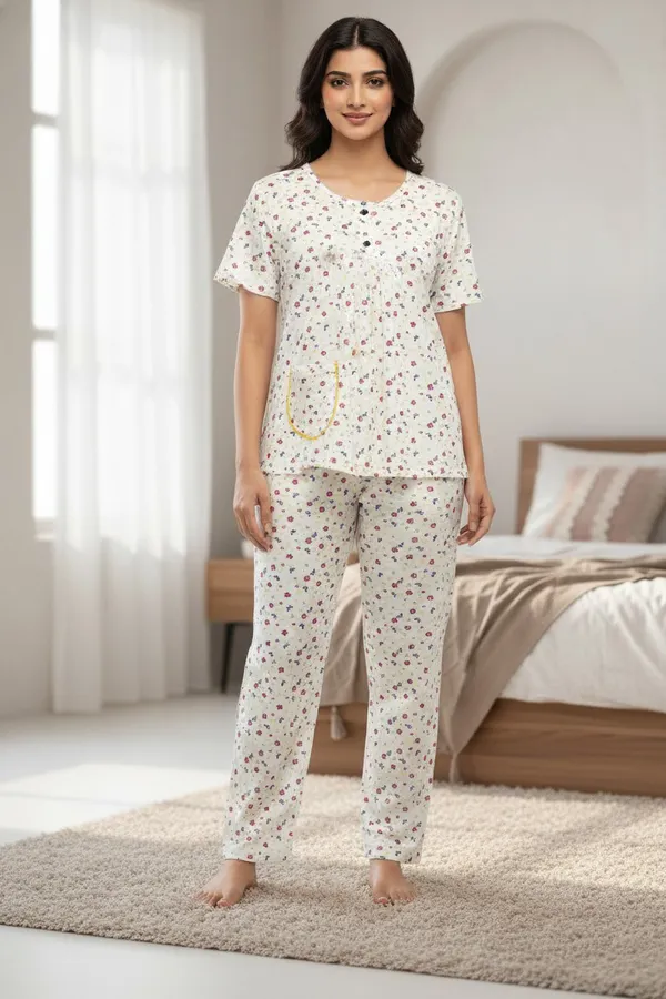White_Cotton_Short_Sleeve_Top_And_Full_Pajama_Night_Suit_For_Women