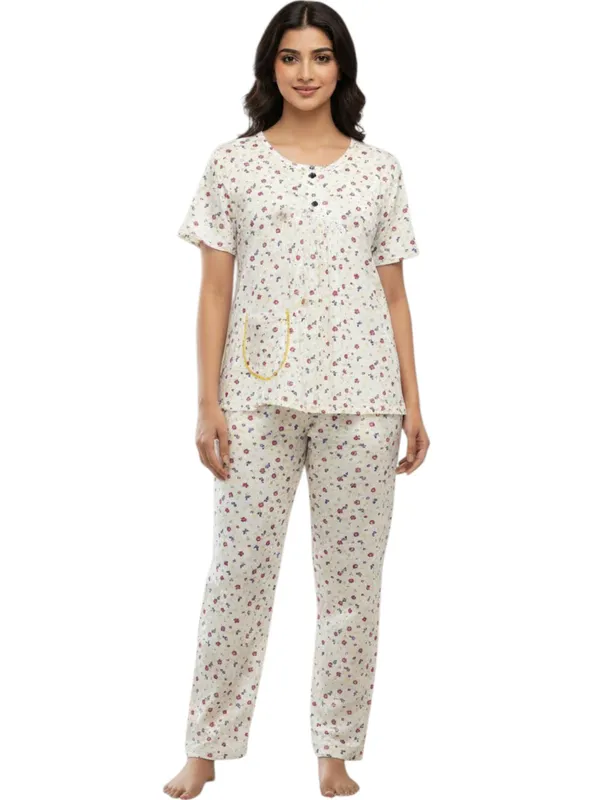 White_Cotton_Short_Sleeve_Top_And_Full_Pajama_Night_Suit_For_Women