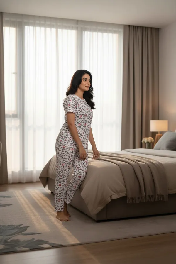 White_Cotton_Short_Sleeve_Top_And_Full_Pajama_Night_Suit_For_Women