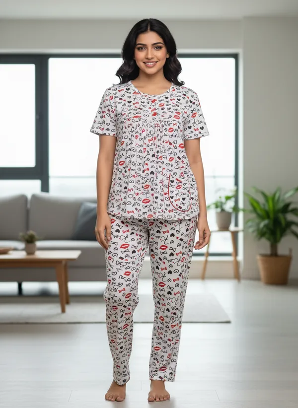 White_Cotton_Short_Sleeve_Top_And_Full_Pajama_Night_Suit_For_Women