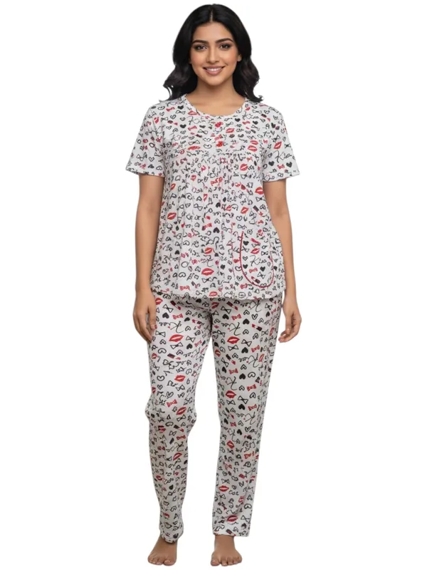 White_Cotton_Short_Sleeve_Top_And_Full_Pajama_Night_Suit_For_Women