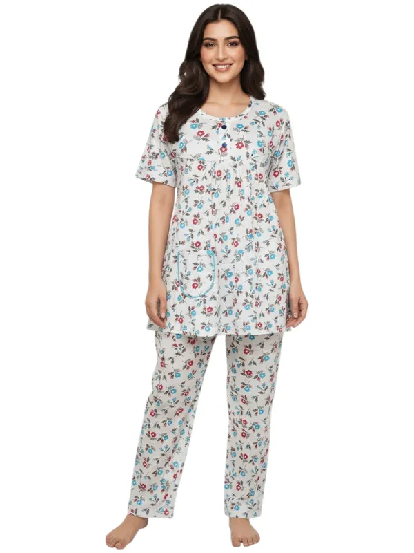 White_Cotton_Short_Sleeve_Top_And_Full_Pajama_Night_Suit_For_Women