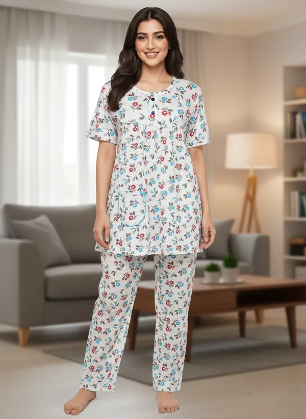 White_Cotton_Short_Sleeve_Top_And_Full_Pajama_Night_Suit_For_Women