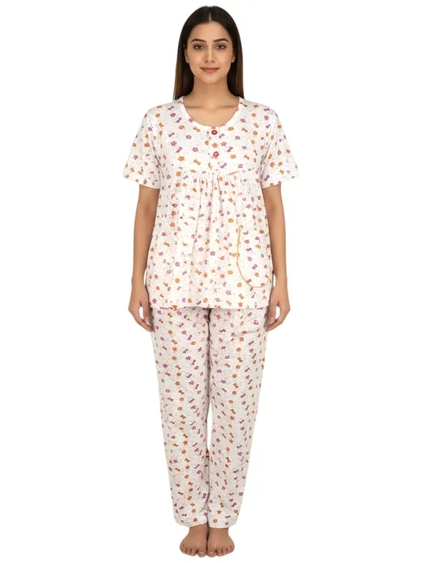 White_Cotton_Short_Sleeve_Top_And_Full_Pajama_Night_Suit_For_Women