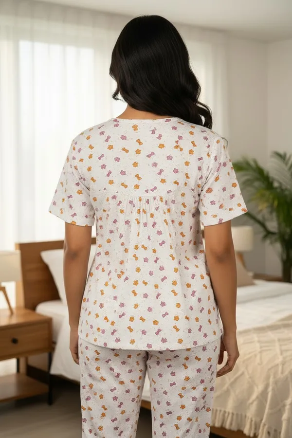 White_Cotton_Short_Sleeve_Top_And_Full_Pajama_Night_Suit_For_Women