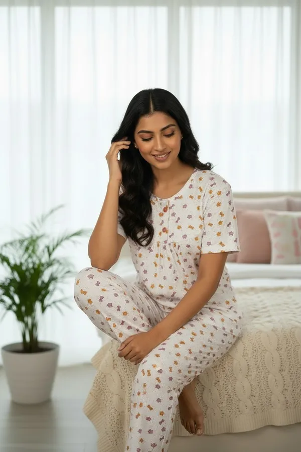 White_Cotton_Short_Sleeve_Top_And_Full_Pajama_Night_Suit_For_Women