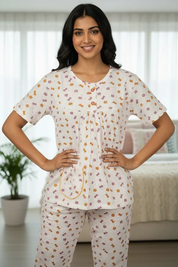 White_Cotton_Short_Sleeve_Top_And_Full_Pajama_Night_Suit_For_Women