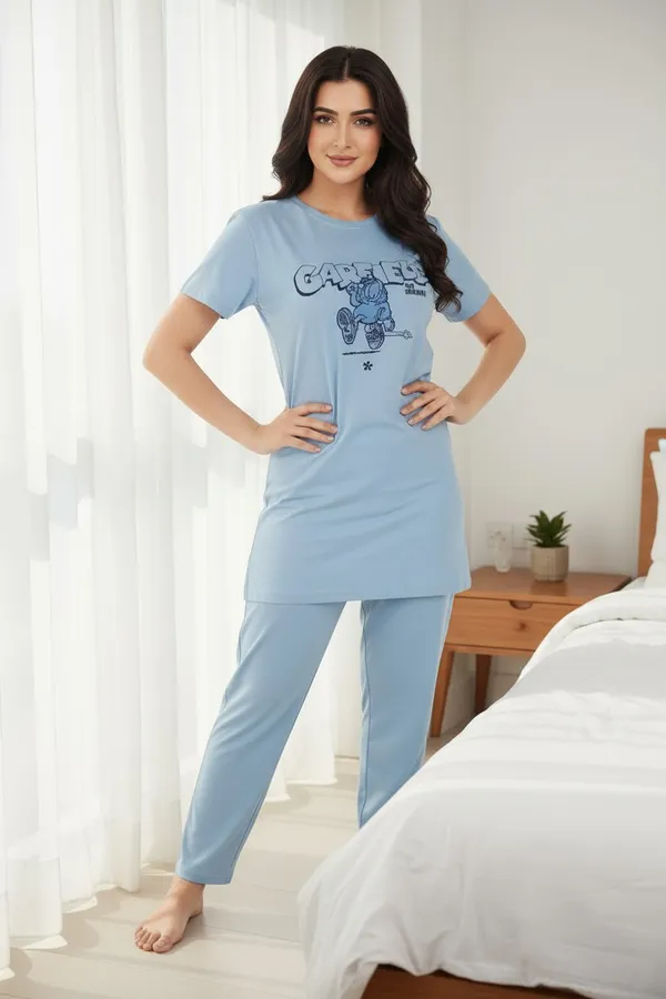 Blue_Cotton_Knit_Short_Sleeve_Long_Top_And_Pajama_Night_Suit_For_Women