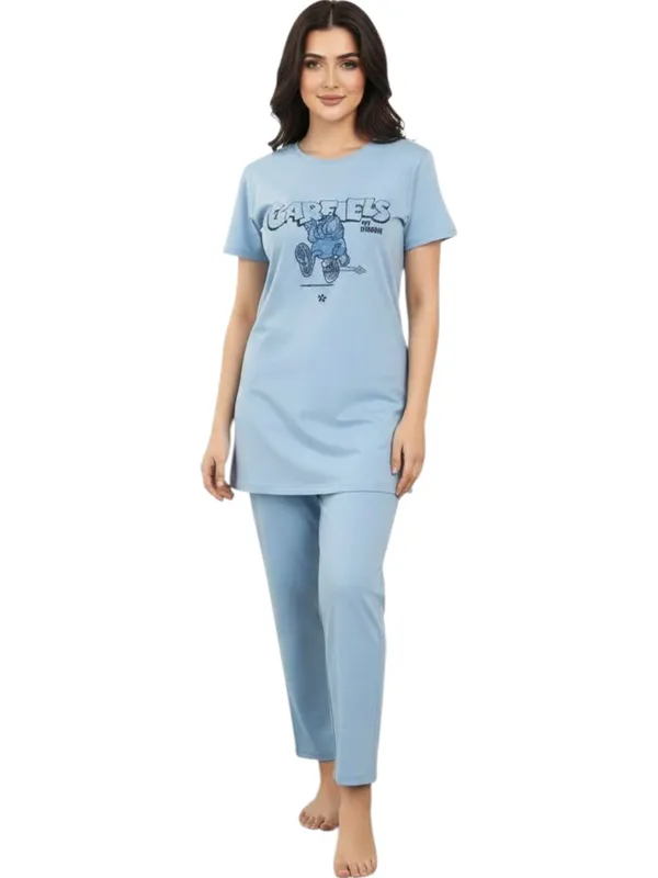 Blue_Cotton_Knit_Short_Sleeve_Long_Top_And_Pajama_Night_Suit_For_Women