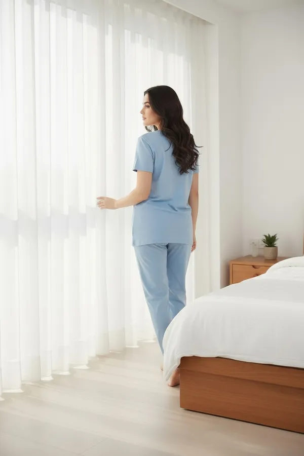 Blue_Cotton_Knit_Short_Sleeve_Long_Top_And_Pajama_Night_Suit_For_Women