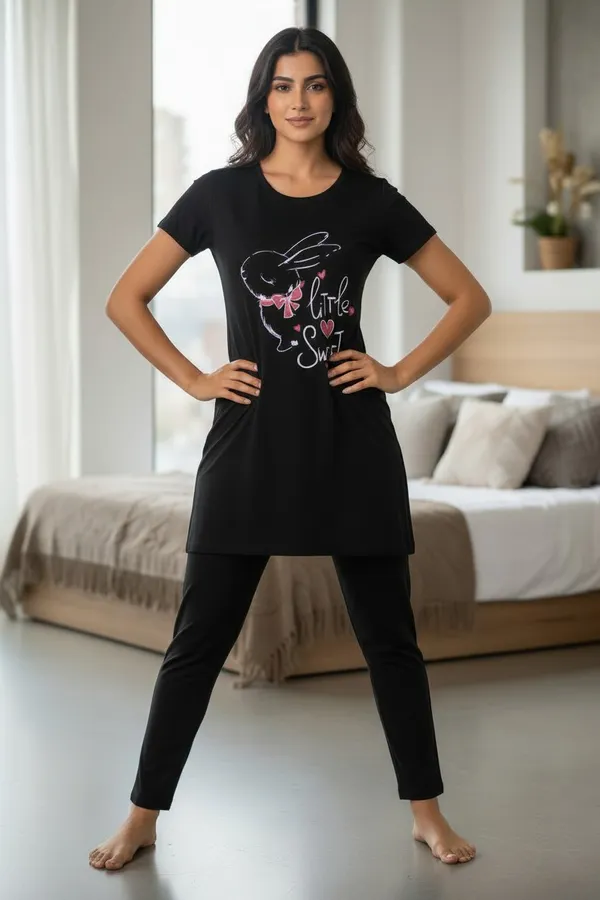 Black_Cotton_Knit_Short_Sleeve_Long_Top_And_Pajama_Night_Suit_For_Women