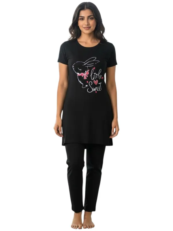 Black_Cotton_Knit_Short_Sleeve_Long_Top_And_Pajama_Night_Suit_For_Women