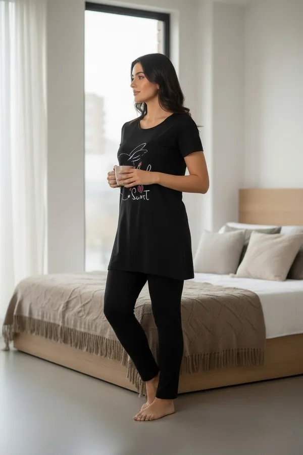 Black_Cotton_Knit_Short_Sleeve_Long_Top_And_Pajama_Night_Suit_For_Women