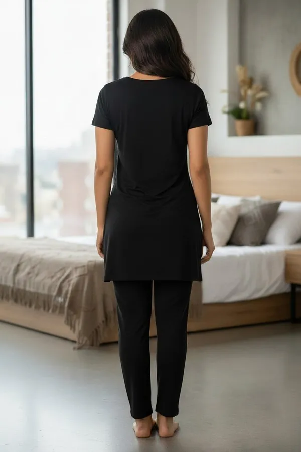 Black_Cotton_Knit_Short_Sleeve_Long_Top_And_Pajama_Night_Suit_For_Women