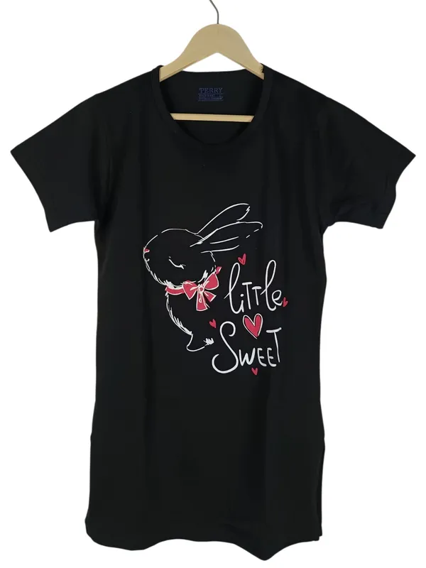 Black_Cotton_Knit_Short_Sleeve_Long_Top_And_Pajama_Night_Suit_For_Women