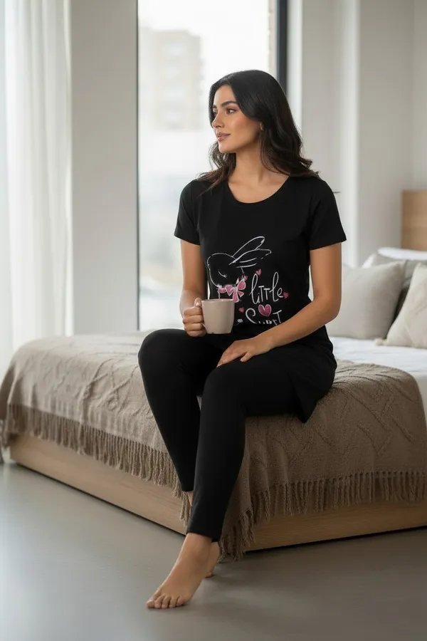 Black_Cotton_Knit_Short_Sleeve_Long_Top_And_Pajama_Night_Suit_For_Women
