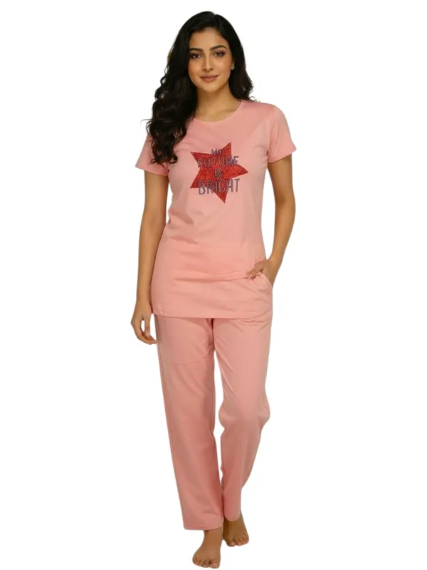 Pink_Cotton_Knit_Short_Sleeve_Long_Top_And_Pajama_Night_Suit_For_Women