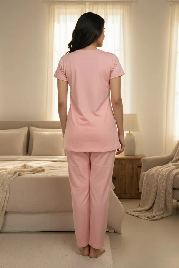 Pink_Cotton_Knit_Short_Sleeve_Long_Top_And_Pajama_Night_Suit_For_Women